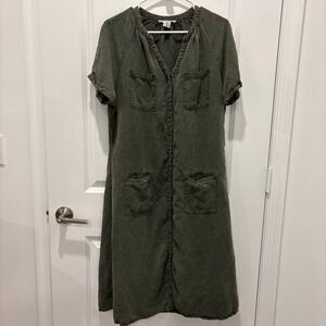 Lucky Brand | Shirtdress Womens Green Midi Button Up Linen Dress Sz L Preppy